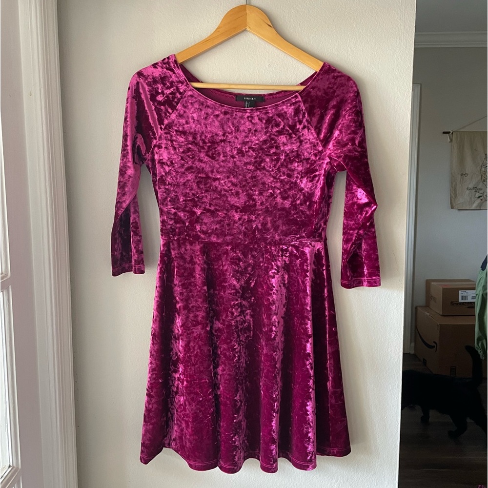 Pink Crushed Velvet Skater Dress